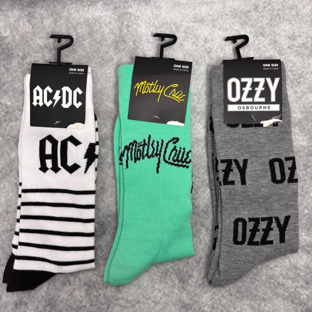 ACDC Motley Crue Ozzy Osbourne Men's Novelty Crew Socks 7-12 NWT Lot of 3